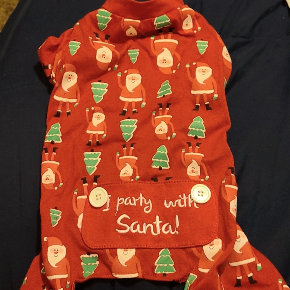 PARTY PET Doggie Christmas legged pajamas size loose Small, fitted Med.